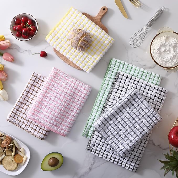 Mordimy Cotton 6 Pack Terry Kitchen Towels, 16 x 25 Inches | Super Soft and Absorbent Dish Towels, Quick Drying Hand Towels for Kitchen Drying, Black/Grey/Pink/Brown/Yellow/Green