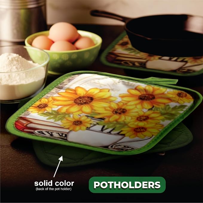 Bright Sunflower5 Piece Kitchen Towel Set | Kitchen Towel Set with 2 Decorative Dish Towels (25 X15), 1 Oven Mitt (11 X 7) and 2 Potholders (6.5 X 6.5)