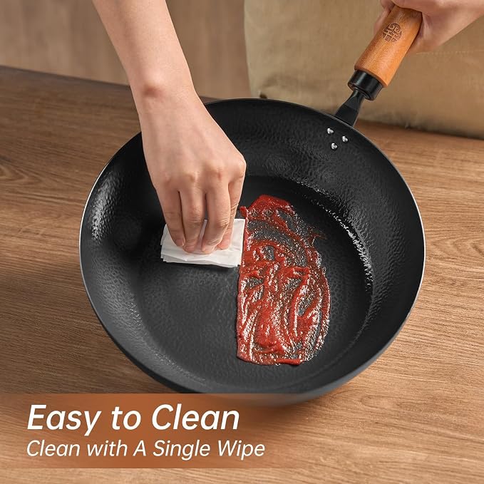 WANGYUANJI 11 Inch Carbon Steel Skillet with Lid-Flat Bottom Frying Pan for Searing & Browning,Nitrided Iron Sauté Pan with Removable Handle-Induction Compatible (No Coating,Cooks Crispier&Juicier)