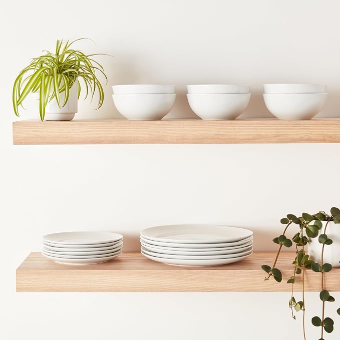 Amazon Basics 18-Piece Complete Kitchen Dinnerware Set, Microwave and Dishwasher Safe, Plates, Dishes, Bowls for Everyday Use, Service for 6, White Porcelain Coupe