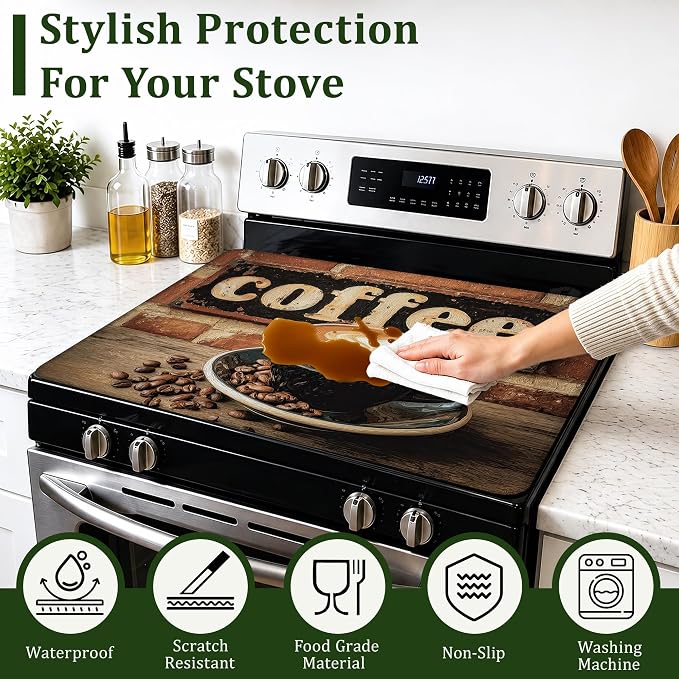 Stove Top Cover Coffee Cup 28.5x20.5Inch for Electric Stove,Heat Resistant Silicone Cooktop Protector,Glass Stove Cover Mat,Anti Scratch Countertop Protector