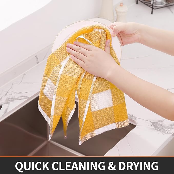 Homaxy Kitchen Towels and Dishcloths Set, Set of 8, White & Golden Yellow | Bulk Cotton Waffle Weave Check Plaid Kitchen Towels, Super Soft and Absorbent Dish Cloths, 12 x 12 and 13 x 28 Inches