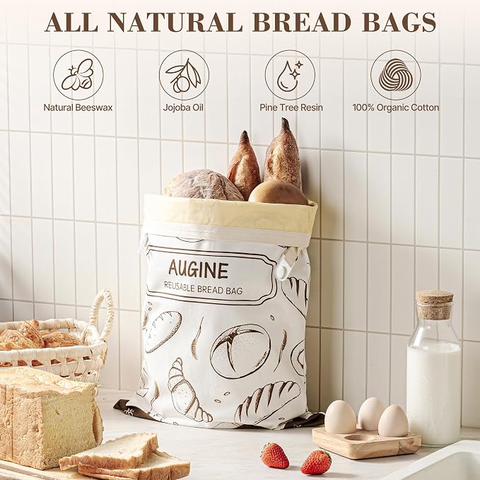 Beeswax Bread Bag, Reusable Bread Bags for Homemade Bread, 2 Pack Beeswax Bread Bags for Sourdough, Natural Cotton Sourdough Bread Bag, Large Capacity