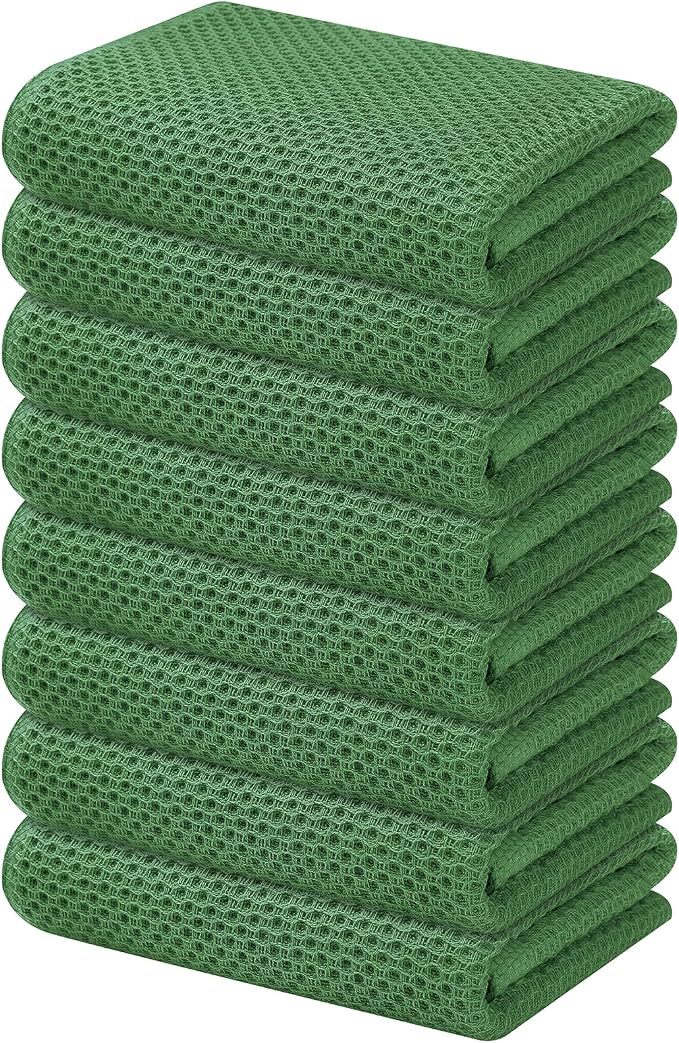 Kitinjoy 100% Cotton Waffle 8-Pack Kitchen Towels, 13" x 28", Grass Green | Super Soft, Ultra-Absorbent, Fast Drying, lightweight, Quick Drying Kitchen Hand Towels