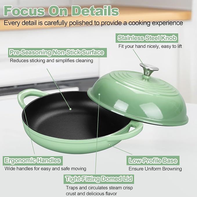 TeamFar Cast Iron Bread Dutch Oven, 6 Qt Enameled Dutch Oven Pot | for Bread Baking, with Tall Dome Lid & Round Base Pan, Self-Basting & Even-Heating, Heavy-Duty & Non-stick, Pistachio Green