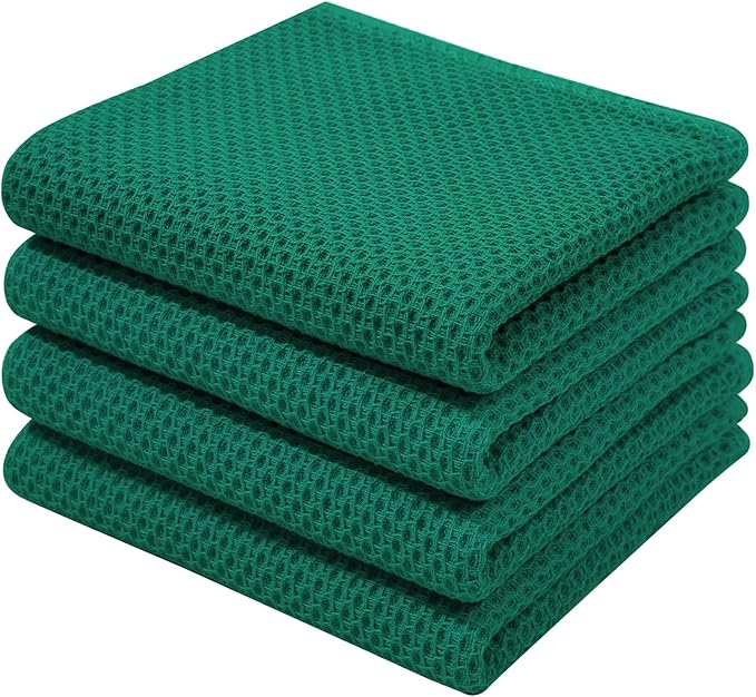 Homaxy 100% Cotton Waffle Weave Kitchen Dish Towels 4-Pack, Dark Green | 13 x 28 Inches, Ultra Soft Absorbent Dish Towels, Quick Drying Cleaning Towels