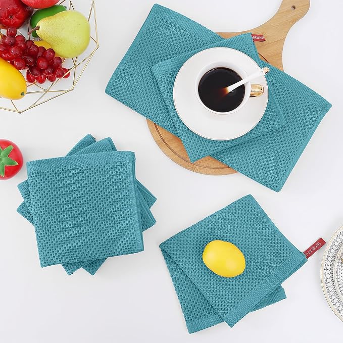Homaxy 100% Cotton Waffle Weave Kitchen Dish Cloths 12-Pack, Lake Blue | 12 x 12 Inches, Ultra Soft Absorbent Dish Towels, Quick Drying Dish Rags with Hanging Loop