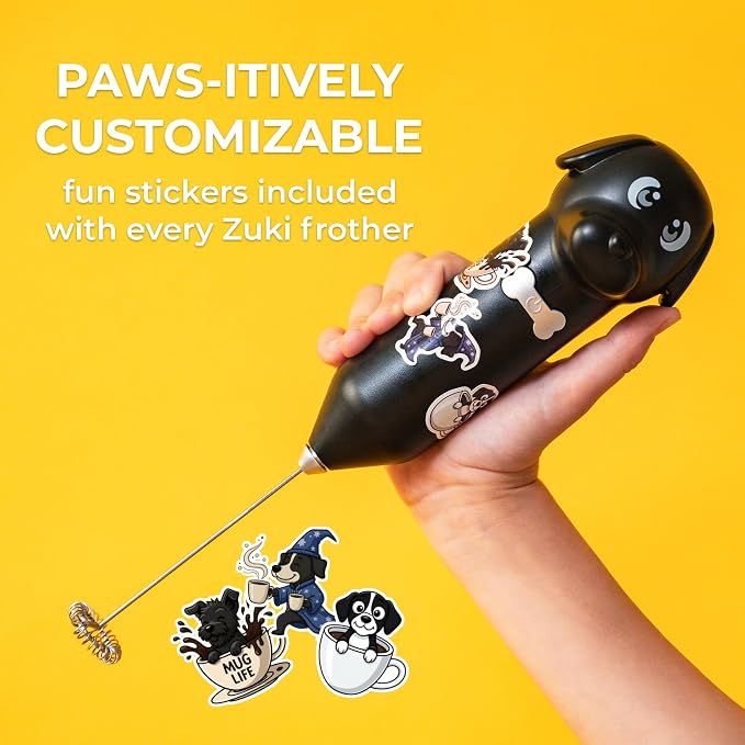 Zulay Kitchen Dog Milk Frother Wand – Cutesy Frother, Meet Your New Frothing Buddy Ace The Dog, Adoption Papers and Stickers Included, Paw-fectly for Lattes, Cappuccino & Matcha – Black