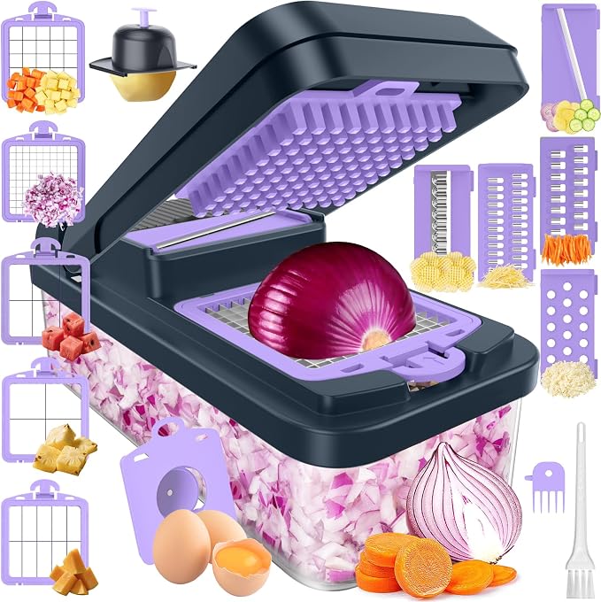 15-in-1 Vegetable Chopper with 10 Blades, Food Veggie Cutter, Purple | Includes Egg Separator, Food Container and Finger Guard, Non-slip Base, for Chopping, Slicing, Shredding, and Mincing