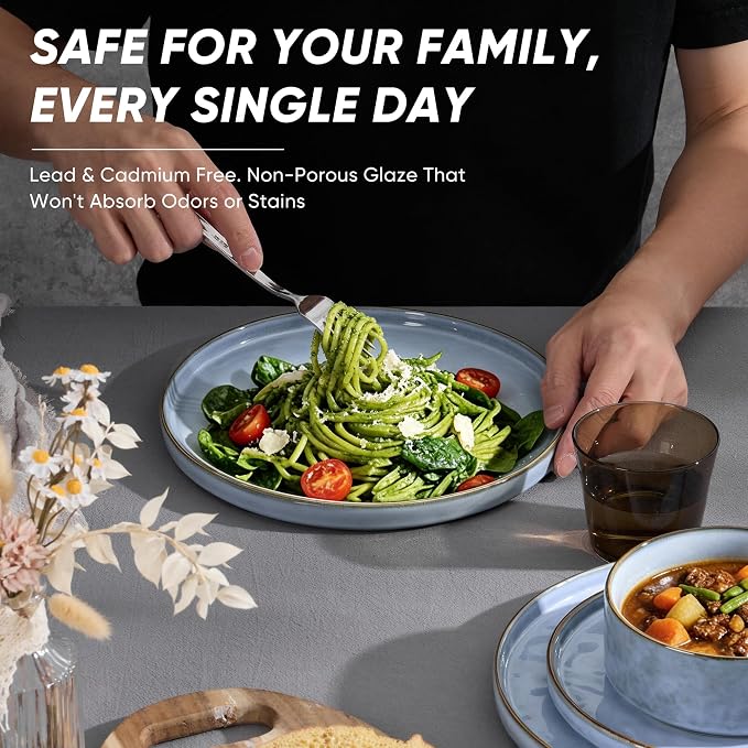 E-far Stoneware Dinnerware Set, 12-Piece Plates and Bowls Sets for 4 | Modern Dishes for Kitchen Dining, Reactive Glazing Ripple Design, Chip Resistant, Microwave & Dishwasher Safe, Reactive Blue