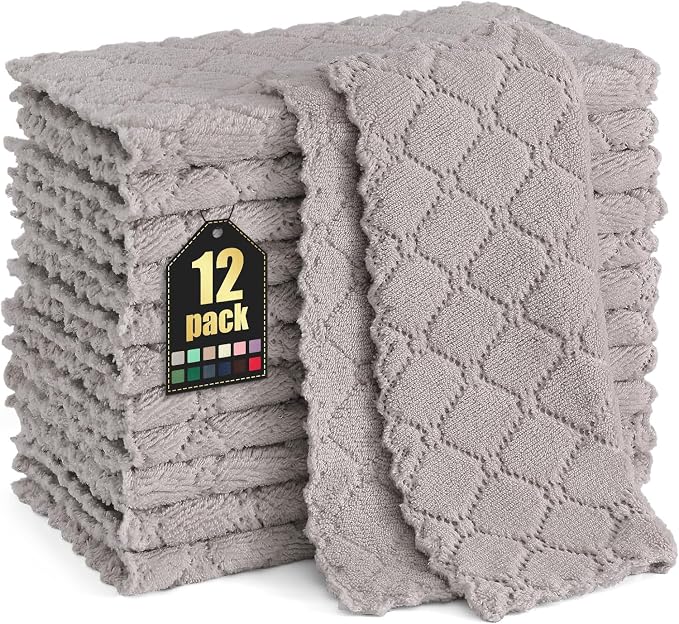 Homaxy 12 Pack Super Soft & Absorbent Dish Cloths, 10" x 10", Grey | Coral Velvet, Nonstick Oil Fast Drying Microfiber Cleaning Cloth, No Lint Household Dishcloths