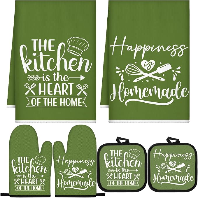 Sratte 6 Pcs Kitchen Decor Accessories Set, Kitchen, Avocado Green | Farmhouse Kitchen Towels Pot Holders Oven Mitts Set 2 Dish Towels 2 Potholders 2 Cooking Mittens for Baking Cooking Supply