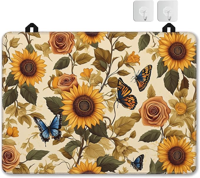 Vintage Sunflower Stove Top Covers for Electric Stove,Rustic Rose Butterfly Glass Top Stove Cover, Heat Resistant Range Covers for Electric Stove,Washable Countertop Mat, 28 x 20 Inch