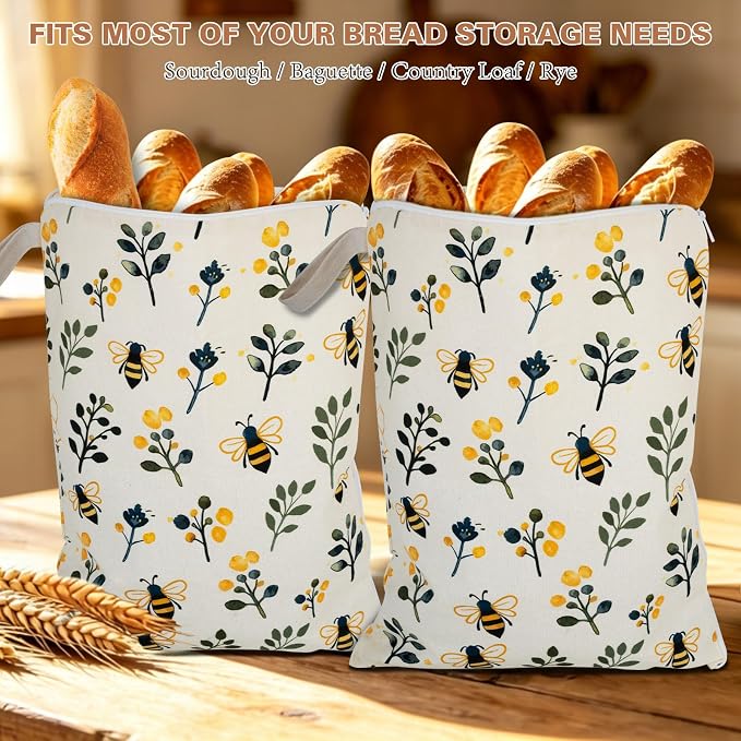 2 Packs Wide Zipper Beeswax Bread Bags for Sourdough With Sealing | XL Large Capacity Reusable Beeswax Linen Cotton Sourdough Bag for Bread Freshness