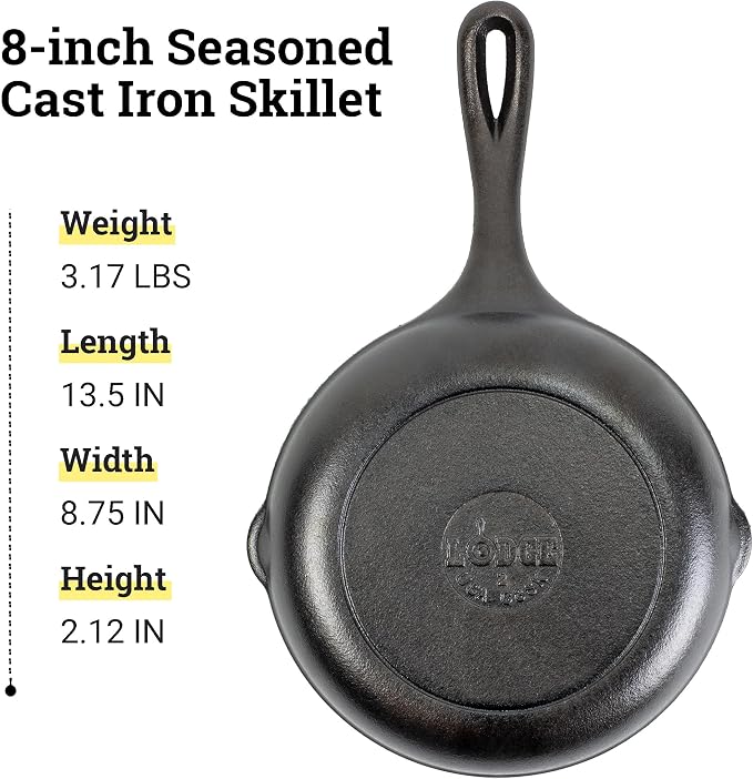 Lodge 8" Cast Iron Skillet - Chef Collection - Perfect Sear - Ergonomic Handles - Superior Heat Retention - Cast Iron Cookware & Skillet