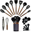 SMIRLY Silicone Kitchen Utensils Set, 22-Piece Acacia Wood Handle, Black | Cooking Utensils Set, Spatula Set with Utensils Holder, Heat-Resistant Silicone Heads, for Nonstick Cookware, BPA Free