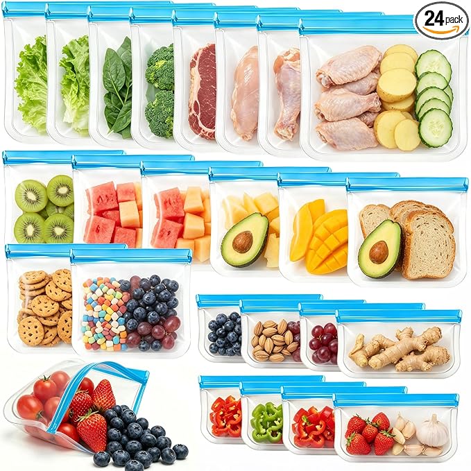 24 Pack Silicone Bags for Food Storage,Reusable Silicone Food Storage Bags,Freezer & Dishwasher Safe,Reusable Reusable Ziploc Bags Freezer Food Bags, Leakproof-8 Gallon 8 Snack 8 Sandwich Bags,Blue