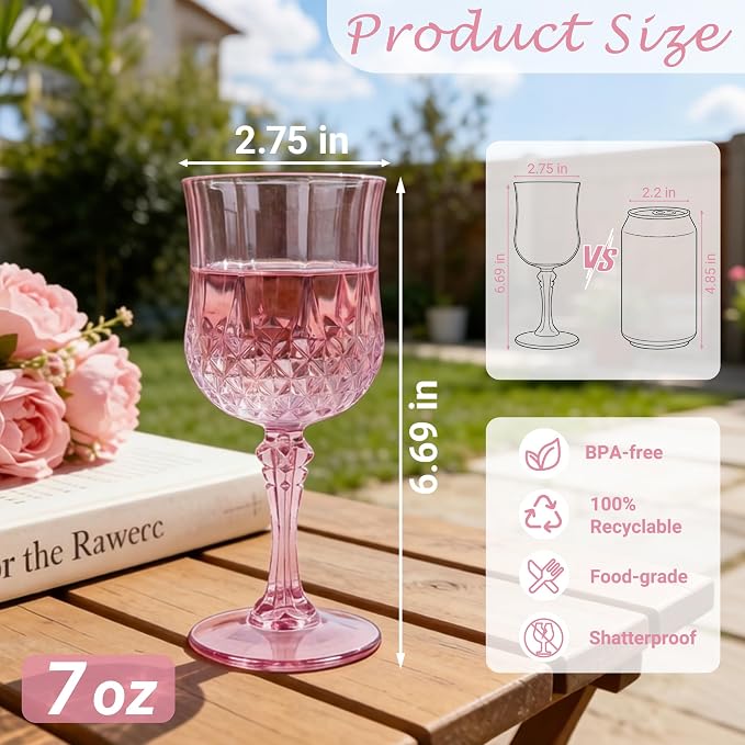 48Pack Plastic Wine Glasses, 7oz Vintage Goblets for Wedding | Unbreakable Crystal Style Reusable Stemware, Elegant Pink Drinking Glass for Party Anniversary & Holiday Celebration