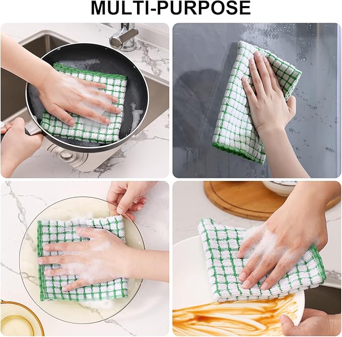 Kitinjoy Cotton 12 Pack Terry Kitchen Dish Cloths, Green | 12 x 12 Inches Super Soft and Absorbent Dish Rags, Quick Drying Dish towels for Washing Dishes