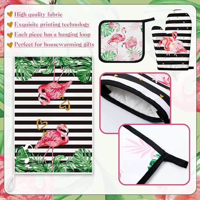 Bencailor 6 Pcs Flamingo Kitchen Towels Oven Mitts and Pot Holders Set Decorative Dish Towels Tea Washcloth Non Slip Heat Resistant Oven Gloves for Summer Home Cooking Baking, Pink