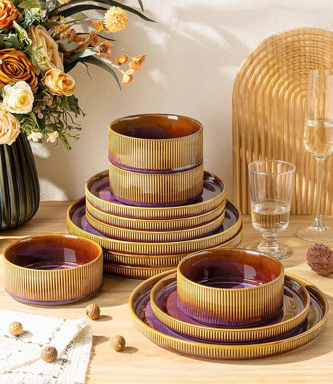 Ceramic Dinnerware Set for 6, 18-Piece Plates and Bowls Set | Lightweight Porcelain Dish Set, Scratch Resistant, Oven & Microwave & Dishwasher Safe, Amber Amethyst