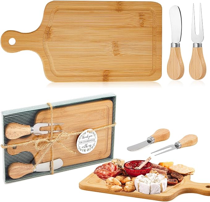 2 Sets Bridal Shower Favor Prizes Charcuterie Board,Bamboo Color | Bamboo Cheese Board with Knife Fork Thank You Tag, Gift Box for Guests, Valentines Wedding Baby Shower Party Favors