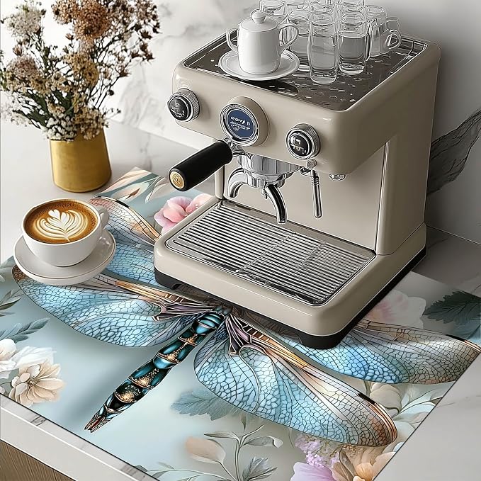 HOMETITUTE Dragonfly Stove Top Cover 28x20 Blue Metallic Diatomite Mat