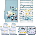 Bencailor 6 Pcs Daisy Kitchen Decor Blue Towels Daisy Pot Holders and Oven Mitts Sets for Farmhouse Kitchen Decor Summer Flower Home Decoration Housewrming Gifts