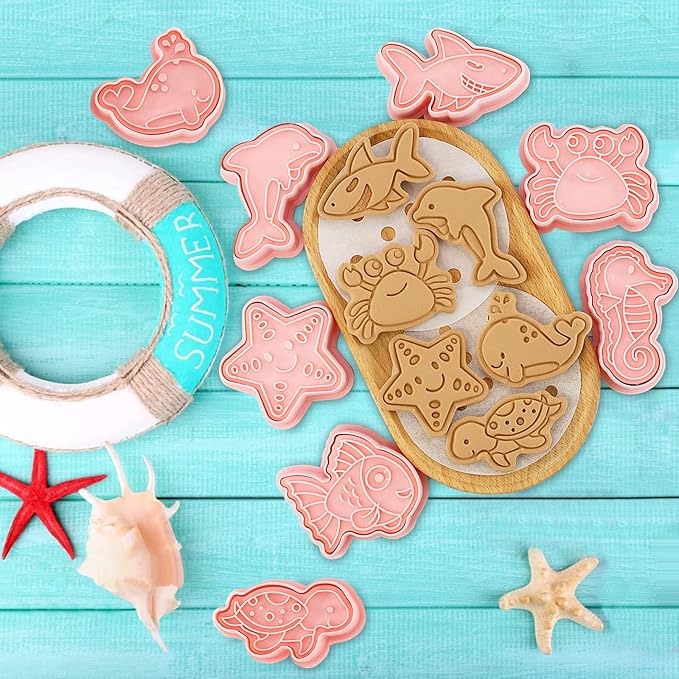 8 Piece Ocean Cookie Cutters With Plunger Stamps Set | 3D Sea Cookie Cutters, Sea Embossing Cutter For Fondant Biscuit Cheese Baking