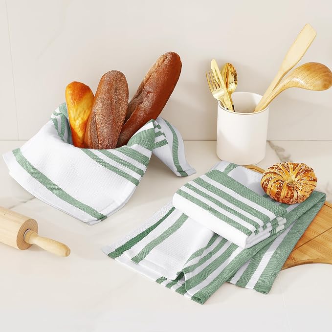 Homaxy Premium Cotton Stripe Kitchen Towels 3 Pack, 18"x 28", Grass Green | Large 380 GSM Kitchen Hand Towels, Soft Terry Dish Towels, Highly Absorbent Tea Towel Set with Hanging Loop