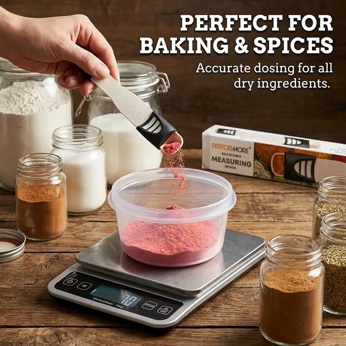 Performore Adjustable Measuring Spoon with Double End Adjustable Scale, 9 Stalls All in One Measuring Spoon, Wide Range of Measurements - Dry and Semi-Liquid Ingredients for Baking, Cooking