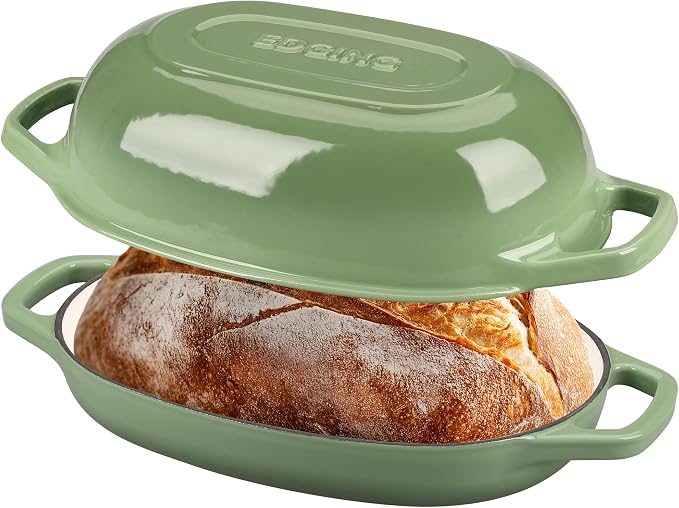 EDGING CASTING Enameled Cast Iron Oval Dutch Oven Pot with Lid, Dutch Oven for Sourdough Bread Baking, Bread Oven, Bread Dutch Oven, Oval Bread Pan, 5qt, Pistachio Green