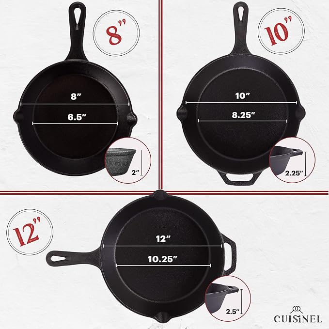 Cuisinel Cast Iron Skillets Set + Glass Lids - 8"+10"+12"-Inch Frying Pans + Silicone Handle Holder Covers - Pre-Seasoned Oven Safe Cookware - Indoor/Outdoor Use - Grill, Stovetop, Camping Fire Safe