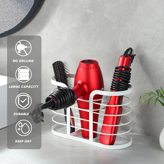 YIGII White Hair Dryer Holder - Adhesive Blow Dryer Holder/Hair Tool Organizer Bathroom Organizer Stick on Wall Mounted Multi-Functional Hair Dryer Rack for Wire Straightener, Shavers | Hair Tool Storage for Blow Dryers, Straighteners and Shavers, No D...