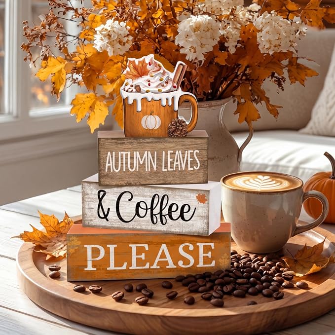 Lineshading 4 Pcs Fall Coffee Table Decor Fall Decor for Home Pumpkin Latte | Stackable Blocks for Coffee Bar, Thanksgiving Table Centerpiece, Rustic Farmhouse Home Decoration, Autumn Theme