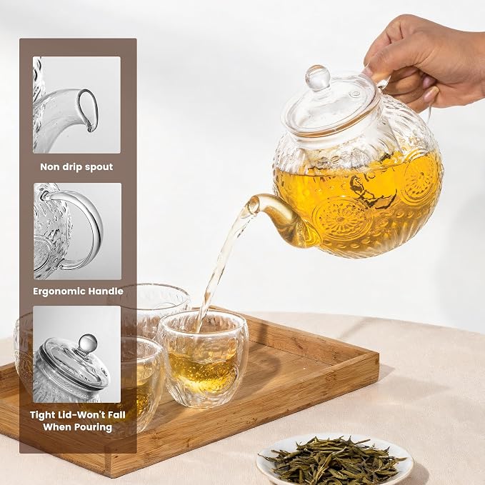 Bandesun Vintage Glass Teapot Set with 4 Cup, 32oz Borosilicate Tea Pot with Removable Infusers for Blooming and Loose Leaf Tea, Tea Warmer with Candlelight, Stovetop Safe, Gift for Women and Adults