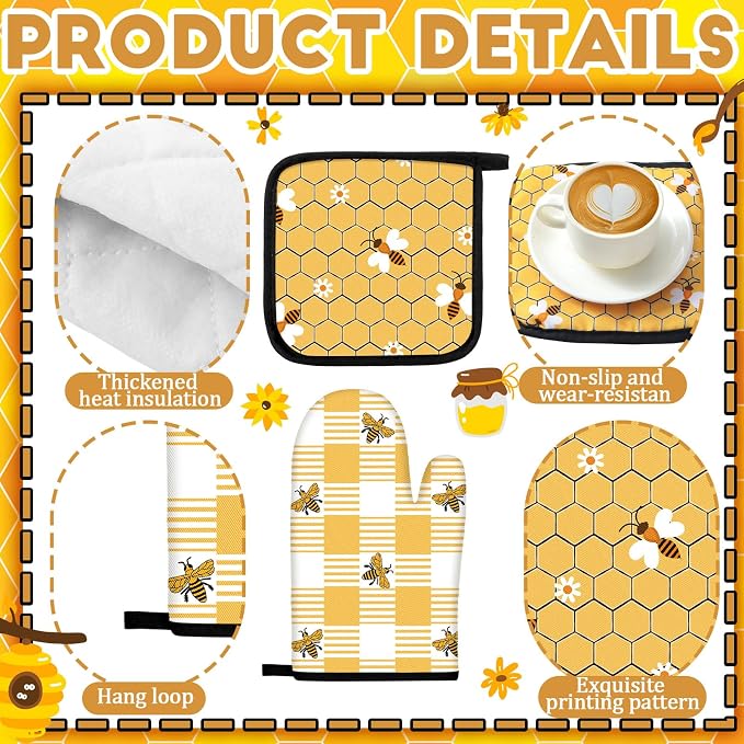 Fourluoo 10 Pcs Bee Themed Kitchen Decor Set Dish Towels Kitchen Rugs Oven Mitts and Pot Holders for Cooking Baking Grilling Women Mom Gift