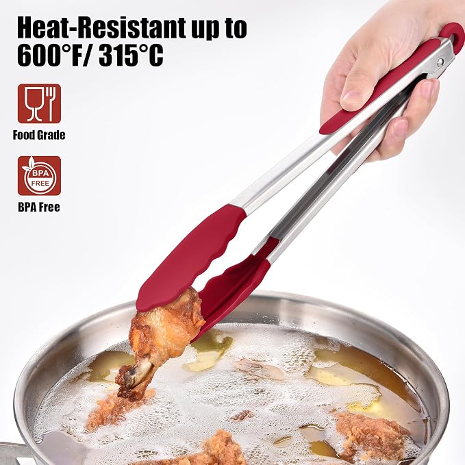 Doosu Kitchen Tongs with Silicone Tips for Cooking Serving (9+12in, Red) | 600°F Heat Resistant Food Tong, Heavy Duty Stainless Steel Locking Tong for BBQ, Grilling Steak, Salad, Toast, Pasta