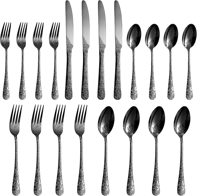 Silverware Set,20-Piece Stainless Steel Flatware Set for 4 | Food-Grade Stainless Steel Cutlery Set,Dishwasher Safe,Mirror Finished Utensil Sets for Home Restaurant,Embossed Pattern-1