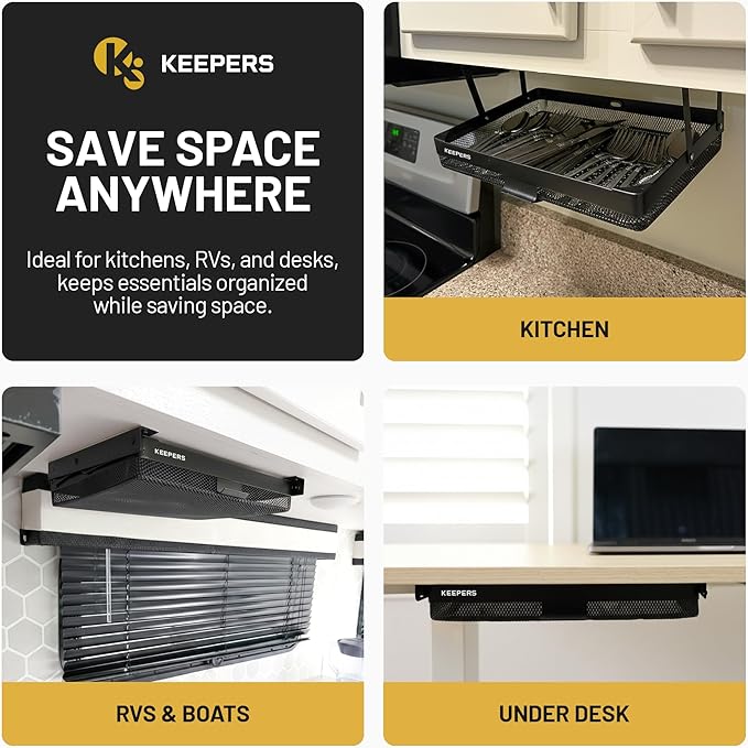 KEEPERS Anything Keeper — Compact 11x10in Under-Cabinet Slide-Out Drawer, Hidden Steel Organizer for K-Cups & Desk Items, RV & Small Kitchen — Black