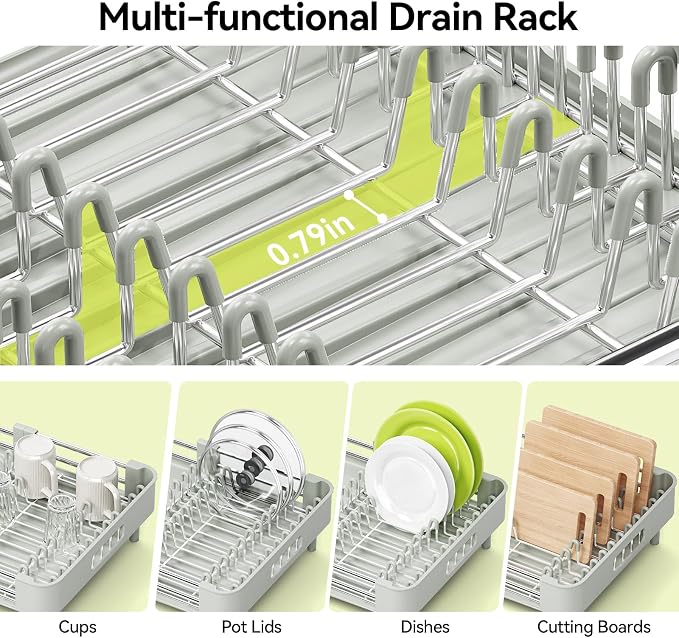 Urackify Extendable Stainless Dish Drying Rack for Kitchen Counter | 13.78"W x 18.7"L, Foldable Drainboard for Space Saving, Knife and Utensil Holder, Fast-draining Spout, Soft Celery Green