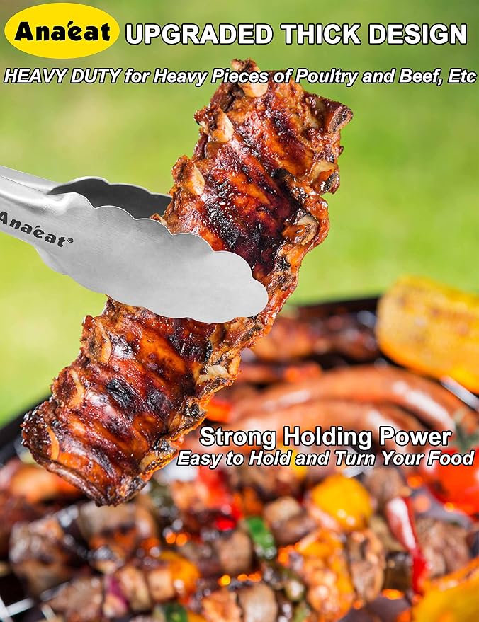 Anaeat Extra Long Stainless Steel Grilling Locking Tong, 17" Sturdy Coiled Spring Kitchen Food Tong with Non-Slip Silicone Grip for BBQ, Baking, Cooking - Heat Resistant up to 480°F (Black)