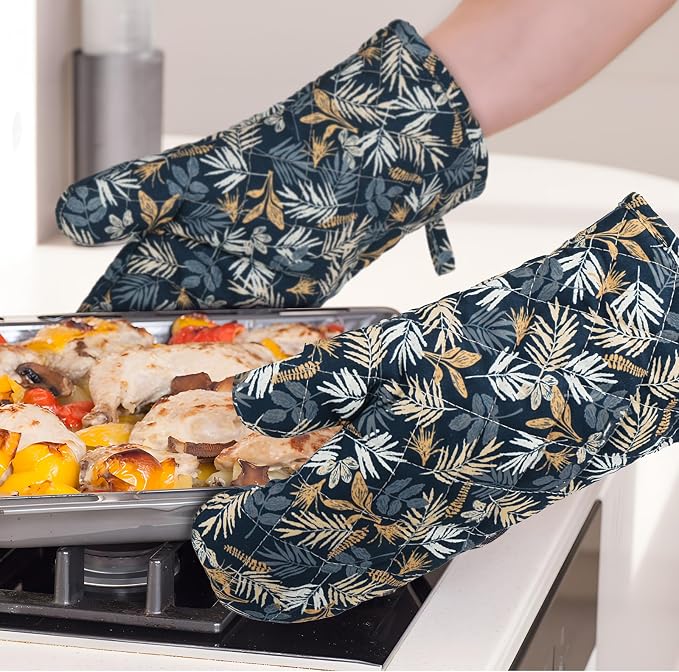 BONTHEE Oven Mitt Extra Long Cotton Cooking Kitchen Mitts with Non-Slip Striped Oven Mitts for Cooking Baking Grilling - 2PCS