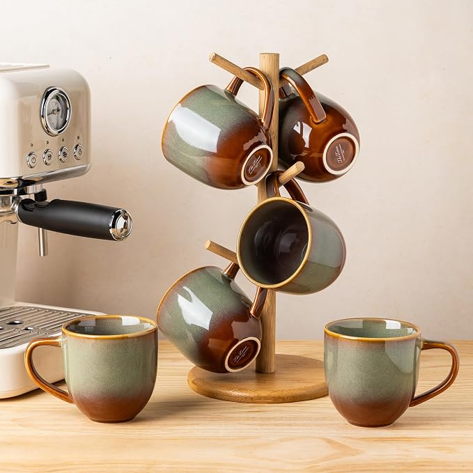 theterra Ceramic Coffee Mugs Set of 6, 12 oz Coffee Cups with Handle | Handmade, Suitable for Latte, Tea, Milk, Beer & Hot Cocoa, Sage Umber