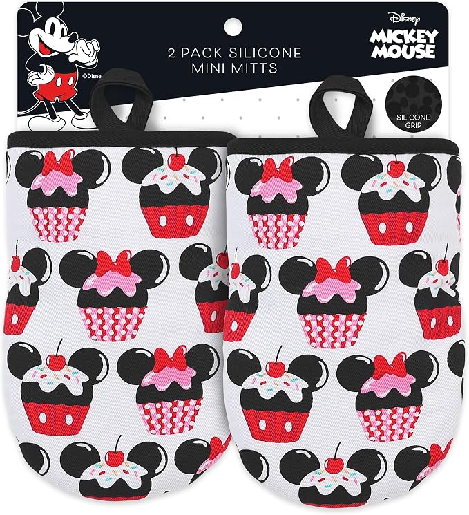 Disney Mickey & Minnie Mini Oven Mitts, 2-Pack, Heat Resistant 450F | Compact 5.5"x7.5" pot holders for kitchen, printed silicone offers non-slip grip, ambidextrous, hand wash or spot clean