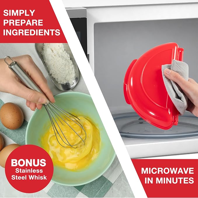 Microwave 2 in 1 Omelet Maker and Egg Cup Cooker - Make Easy Poached, Fried, or Scrambled Eggs w Removable Tray- Steel Whisk & Recipe Book included - Amazing Breakfast Sandwiches in Minutes- PVC Free