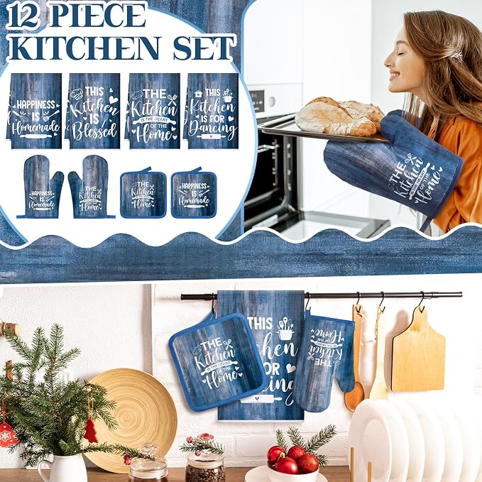 Leinuosen 8 Pcs Farmhouse Kitchen Decor Towels and Oven Mitts Sets Pot Holders Dishcloths Set Kitchen Decorative Accessories Absorbent Potholders Heat Resistant for Chef Baking Cooking