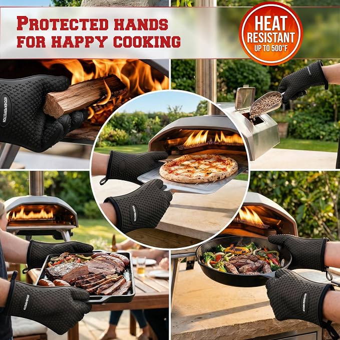 KITCHEN PERFECTION Silicone Pizza Oven Gloves - Heat Resistant Oven Mitts | Waterproof, 5-Finger Design For A Better Grip, for Outdoor & Indoor Pizza Ovens, Compatible with Ooni, Ninja, Gozney & More