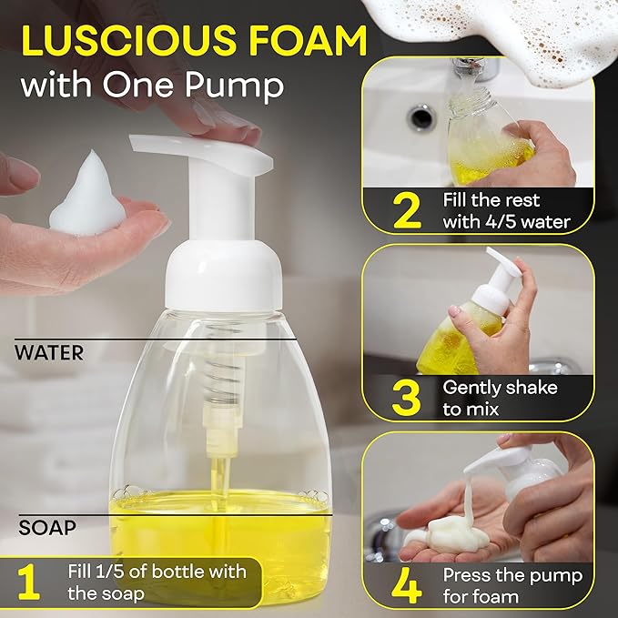 Foaming Soap Dispenser Pump Bottles, BPA Free Empty Refillable Plastic Container for Liquid Soap - Kitchen, Bathroom, Commercial - 8oz (250ml) Pack of 2 Clear