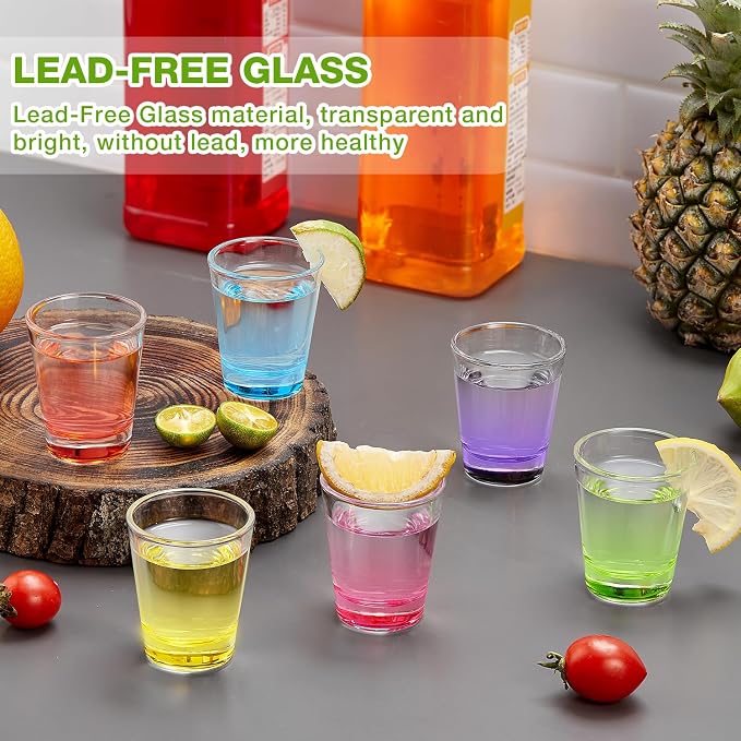 Qipecedm 6 Pack Heavy Base Shot Glasses Set, 1.6 oz Colorful Shot Bulk, Clear Shot Glass, Tequila Cups Small Glass, Shot Glasses for Whiskey, Tequila, Vodka, Spirits & Liquors